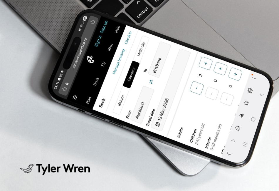 A smartphone displaying an Air New Zealand flight booking from Auckland to Brisbane, representing Kiwi lawyers moving for a legal career in Australia.